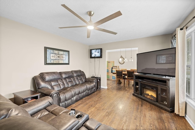 living room featuring hardwood / wood-style flooring, ceiling fan, and a textured ceiling