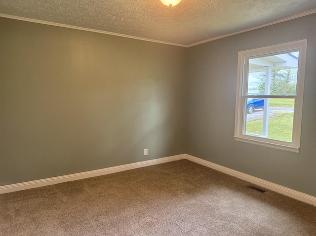 carpeted spare room with a textured ceiling and ornamental molding