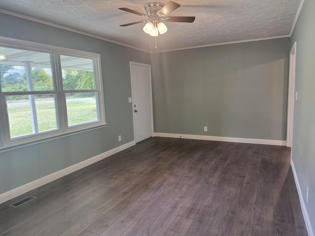 empty room featuring a textured ceiling, ceiling fan, and dark hardwood / wood-style floors