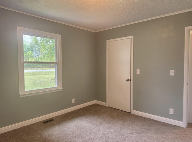 carpeted empty room with a textured ceiling and ornamental molding