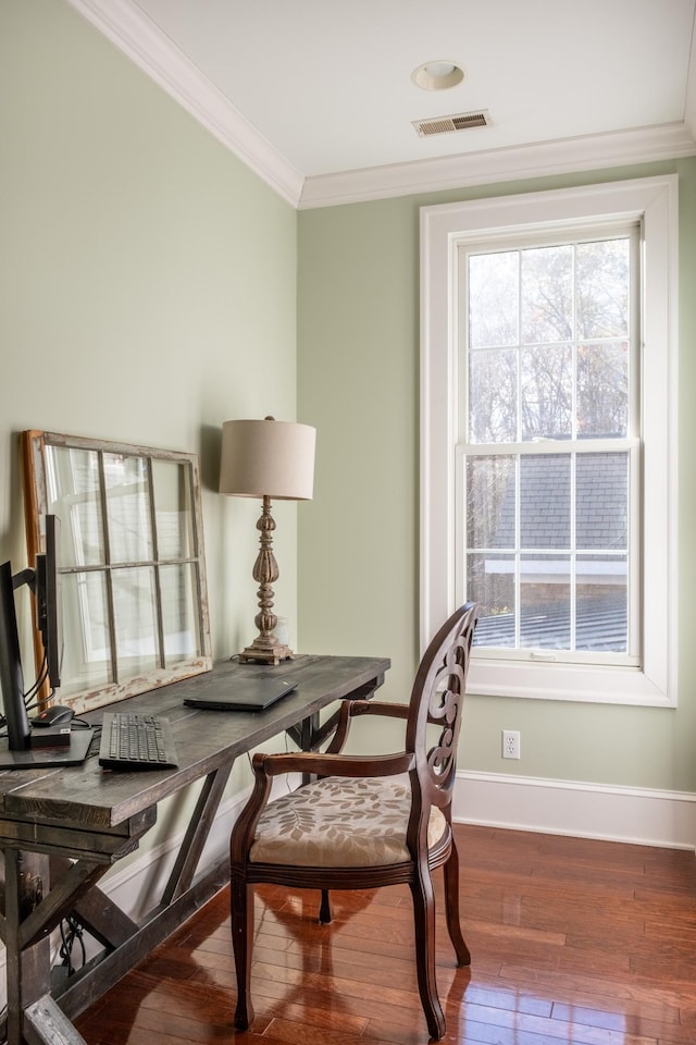 office with ornamental molding and dark wood-type flooring