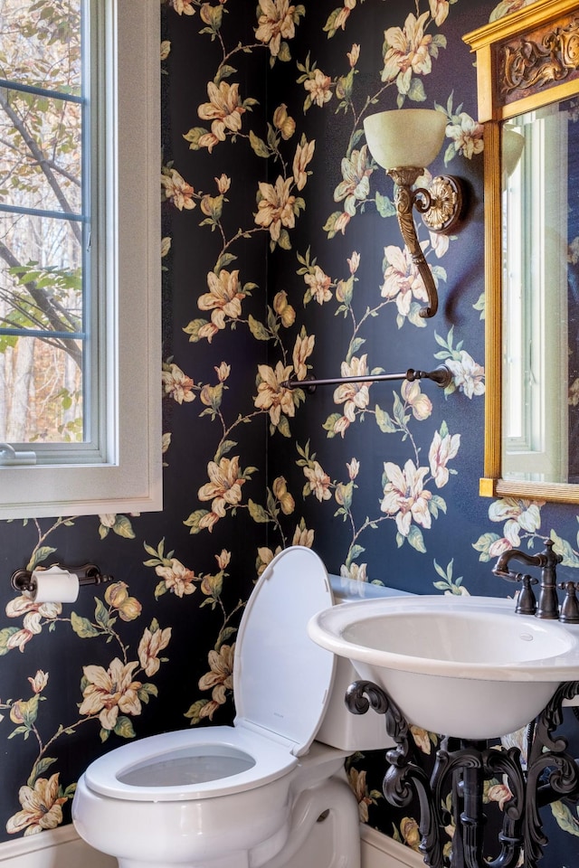 bathroom featuring toilet, a healthy amount of sunlight, and sink