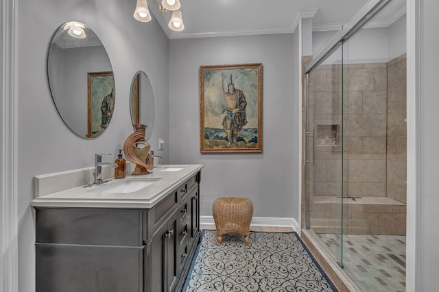 bathroom featuring crown molding, a shower with door, and vanity