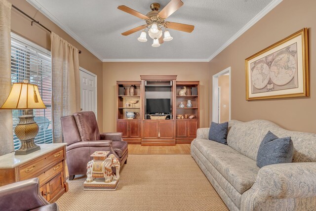 living room featuring plenty of natural light, light hardwood / wood-style floors, ornamental molding, and a textured ceiling