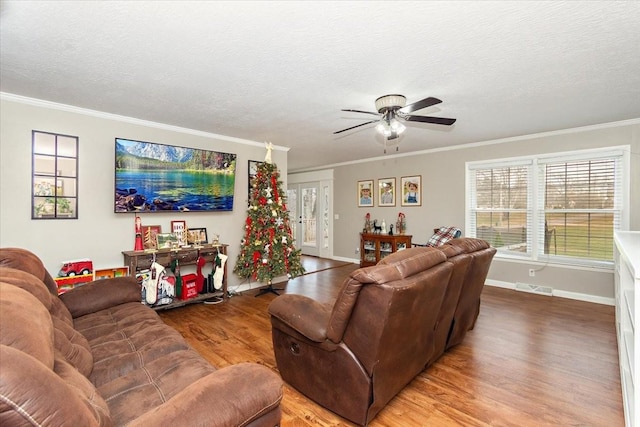 living room with a textured ceiling and hardwood / wood-style flooring