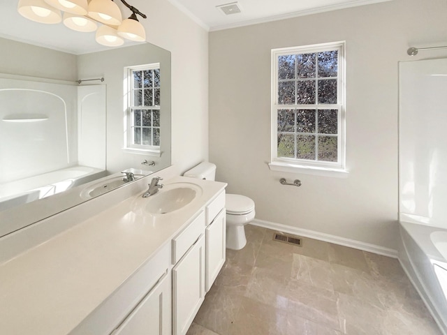 full bathroom featuring shower / bath combination, vanity, ornamental molding, and toilet