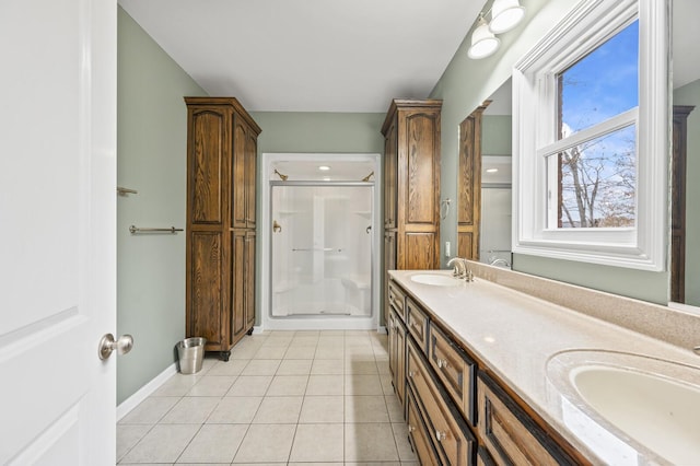 bathroom with tile patterned floors, vanity, and a shower with door