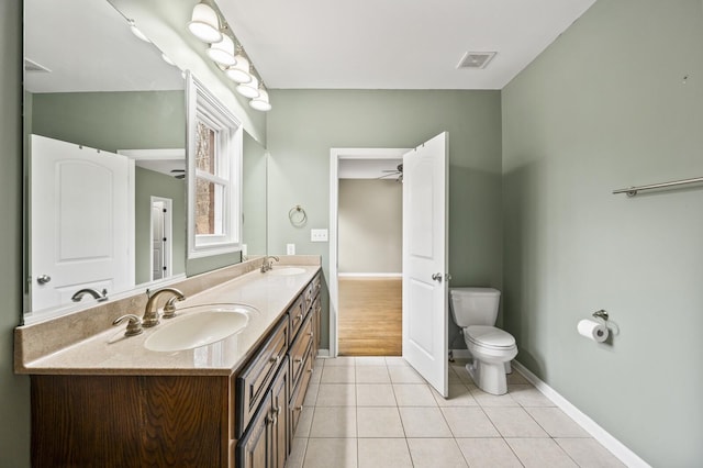 bathroom with tile patterned floors, ceiling fan, vanity, and toilet