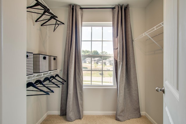 walk in closet with light carpet