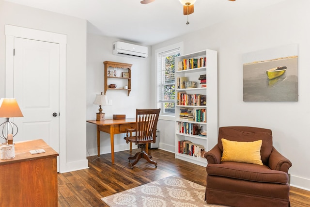 office space with a wall mounted air conditioner, ceiling fan, and dark hardwood / wood-style flooring