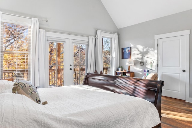 bedroom with access to outside, dark hardwood / wood-style flooring, french doors, and multiple windows