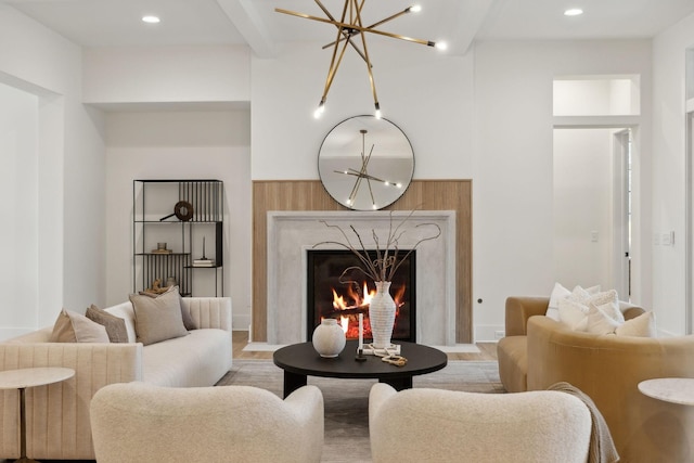 8901 Palmer Way, Brentwood, TN 37027 - living room with a fireplace, a chandelier, recessed lighting, and light wood-type flooring
