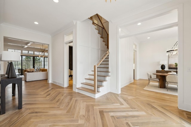8901 Palmer Way, Brentwood, TN 37027 - staircase with crown molding, recessed lighting, and a chandelier