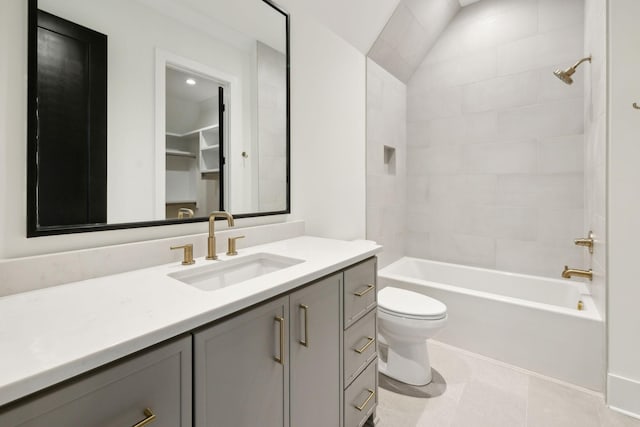 full bathroom with lofted ceiling, toilet, vanity, and shower / bath combination