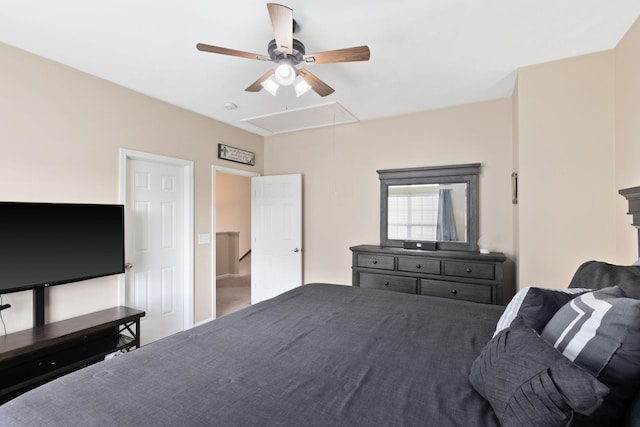 carpeted bedroom featuring ceiling fan