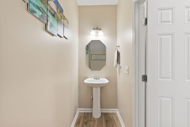 bathroom with hardwood / wood-style floors