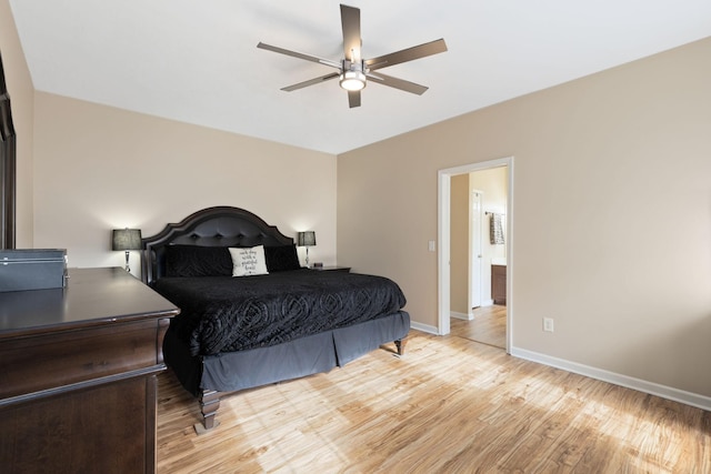 bedroom featuring light hardwood / wood-style flooring and ceiling fan