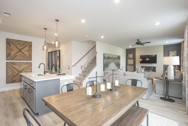 dining area with ceiling fan, light hardwood / wood-style floors, and sink