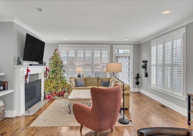 living room with light wood-type flooring, ornamental molding, and a wealth of natural light