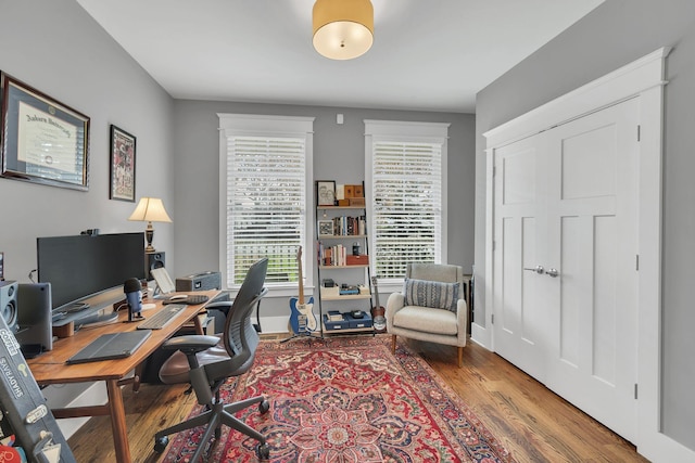 home office with hardwood / wood-style flooring