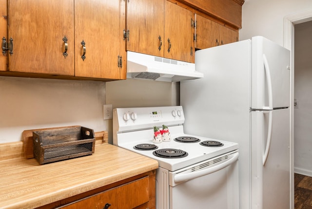 kitchen featuring electric stove and dark wood-type flooring