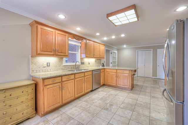 kitchen featuring kitchen peninsula, appliances with stainless steel finishes, tasteful backsplash, sink, and light tile patterned flooring