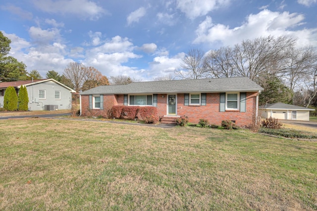 ranch-style home featuring central AC unit and a front lawn