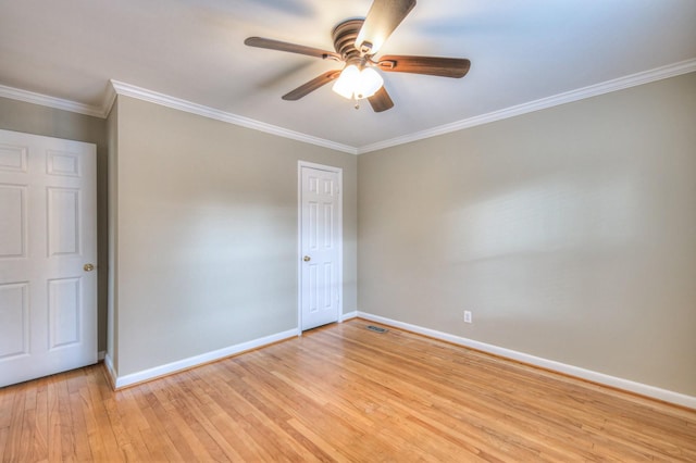 unfurnished bedroom with ceiling fan, light hardwood / wood-style flooring, and ornamental molding