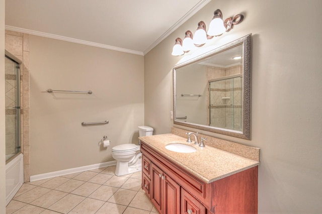 full bathroom with tile patterned flooring, enclosed tub / shower combo, toilet, vanity, and ornamental molding