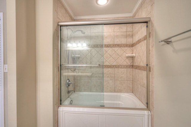 bathroom with shower / bath combination with glass door and ornamental molding