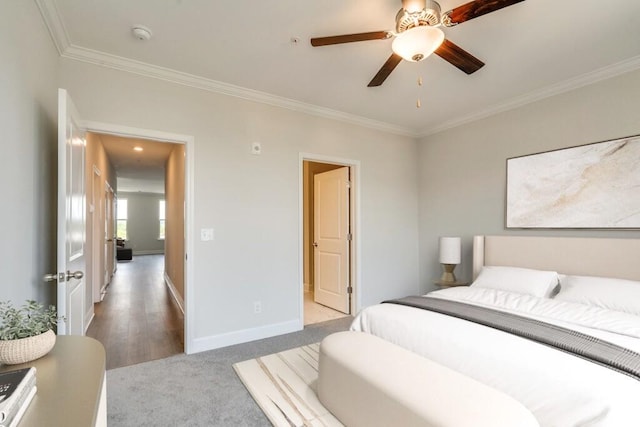 bedroom with ceiling fan, crown molding, and light hardwood / wood-style floors