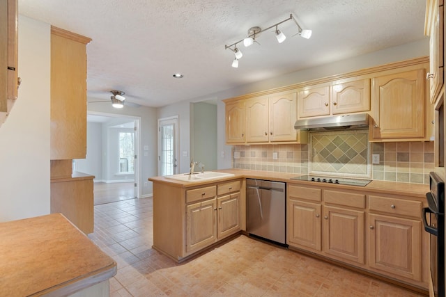 kitchen featuring kitchen peninsula, black electric stovetop, ceiling fan, sink, and dishwasher