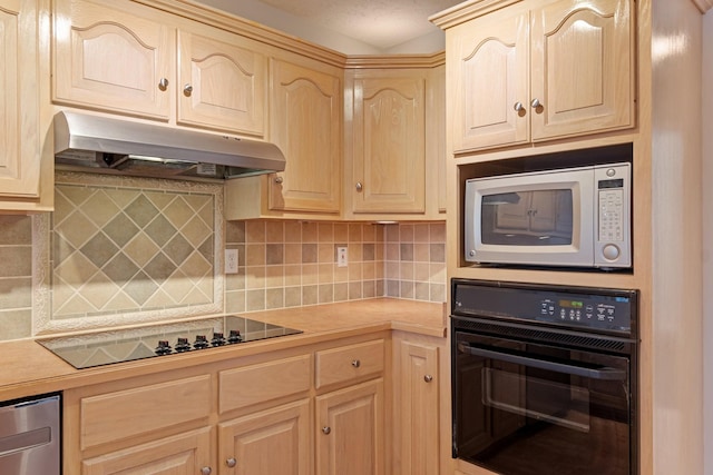 kitchen with light brown cabinets, backsplash, and black appliances