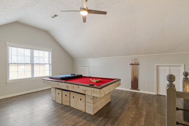 rec room featuring ceiling fan, dark hardwood / wood-style flooring, pool table, and vaulted ceiling