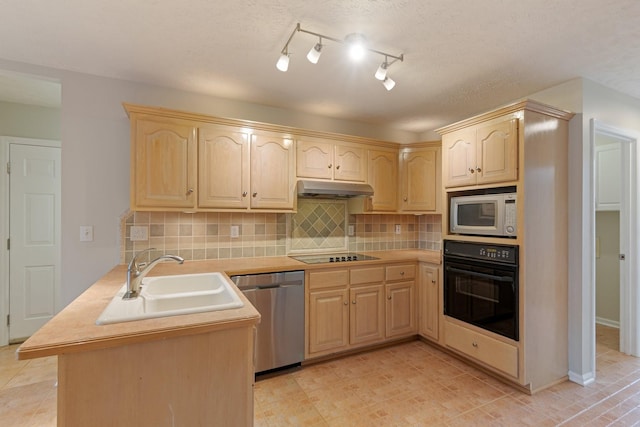 kitchen with decorative backsplash, light brown cabinetry, kitchen peninsula, sink, and black appliances