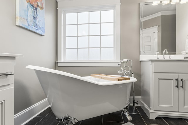 bathroom featuring a washtub and vanity