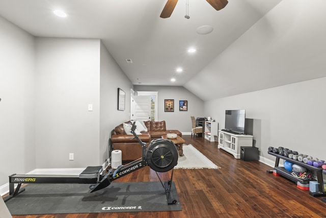 exercise area with ceiling fan, dark wood-type flooring, and lofted ceiling