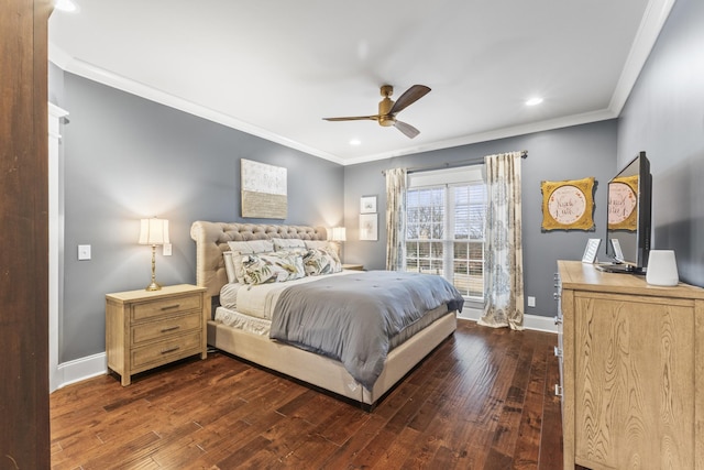 bedroom with ceiling fan, crown molding, and dark wood-type flooring