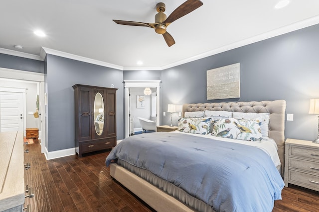 bedroom featuring dark hardwood / wood-style flooring, ceiling fan, and ornamental molding