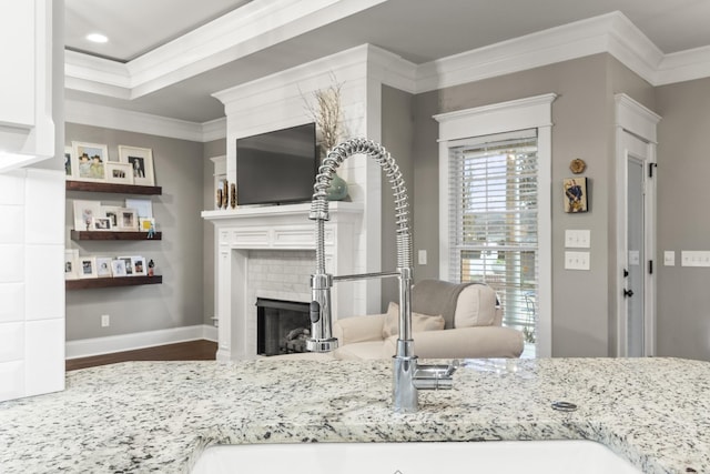 interior space with sink, dark hardwood / wood-style flooring, and ornamental molding