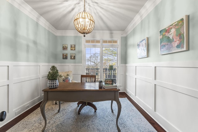 office with a notable chandelier, dark hardwood / wood-style flooring, and ornamental molding