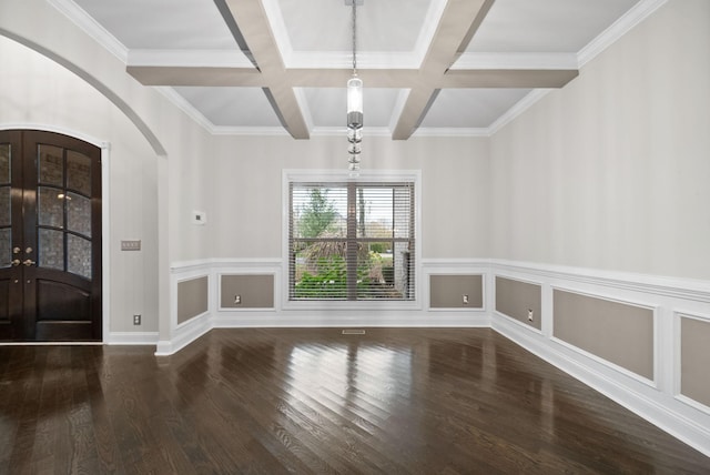 interior space with beam ceiling, french doors, coffered ceiling, crown molding, and hardwood / wood-style floors