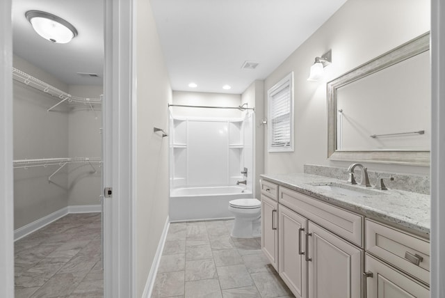 full bathroom with vanity, toilet, and shower / washtub combination