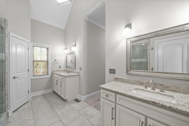 bathroom with crown molding, vanity, a shower with shower door, and vaulted ceiling