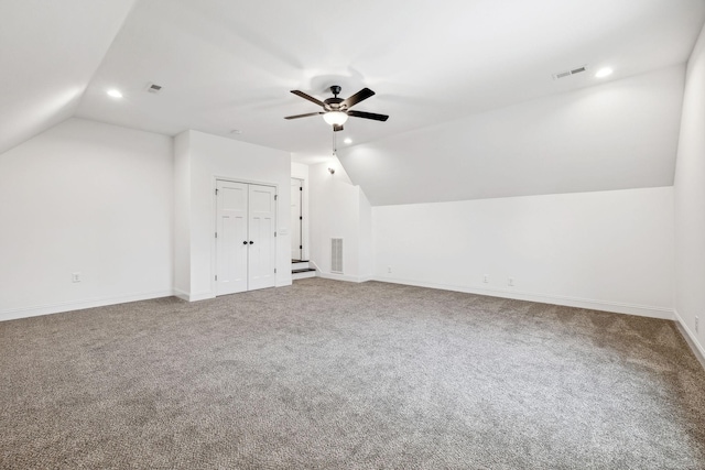 bonus room with carpet, ceiling fan, and lofted ceiling