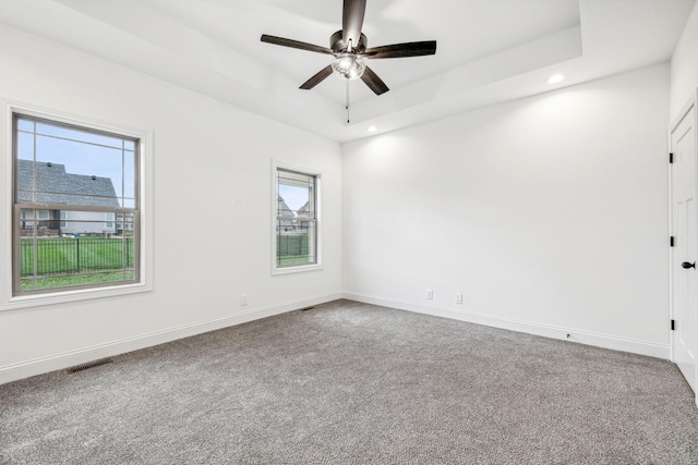 carpeted spare room featuring a raised ceiling, ceiling fan, and plenty of natural light