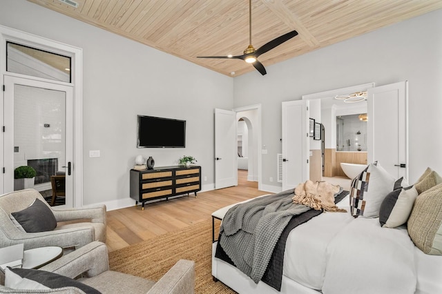 bedroom with wood-type flooring, ceiling fan, and wooden ceiling