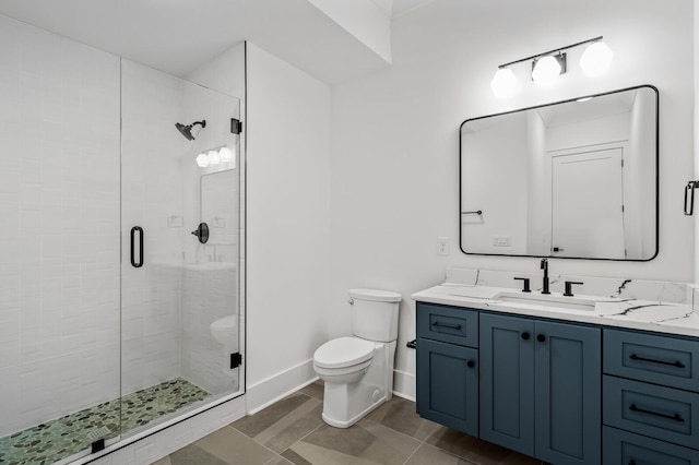 bathroom with tile patterned flooring, vanity, toilet, and a shower with door