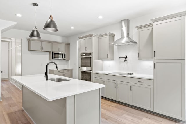 kitchen with stainless steel appliances, light hardwood / wood-style flooring, wall chimney exhaust hood, and sink