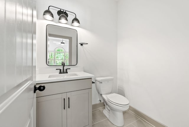 bathroom with tile patterned flooring, ceiling fan, toilet, and vanity